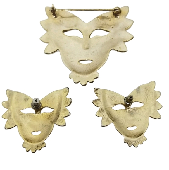 VINTAGE MARDI GRAS HARLEQUIN MASK EARRINGS & BROOCH SET - Picture 4 of 4